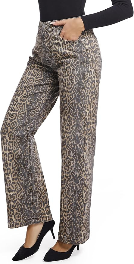 Women's Jeans Straight Leg Casual High Waisted Stretch Trendy Leopard Pull On Jeans for Women | Amazon (US)