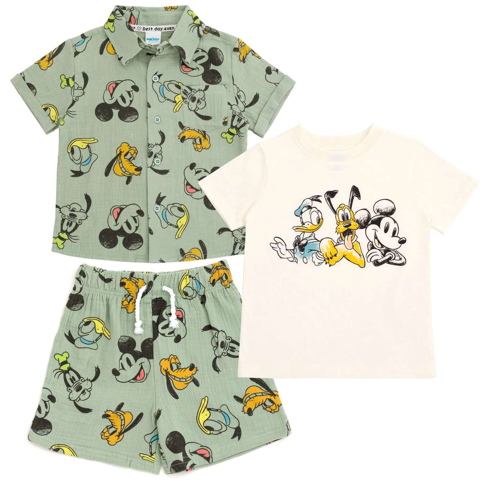 Disney Mickey Mouse Goofy Donald Duck Cotton Gauze Button Down Shirt, T-Shirt and Shorts 3 Piece ... | Walmart (US)