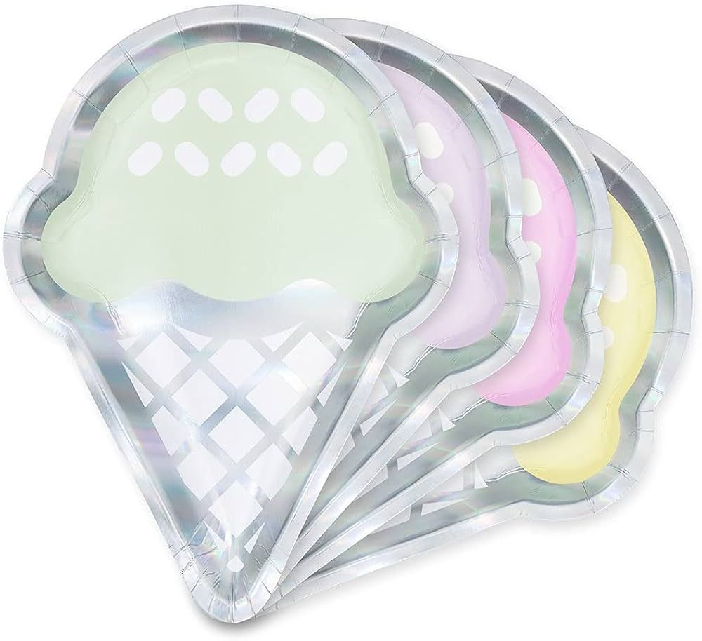 WEDDINGSTAR Large Ice Cream Cone Disposable Paper Party Plates - Iridescent - Set of 8 | Amazon (US)