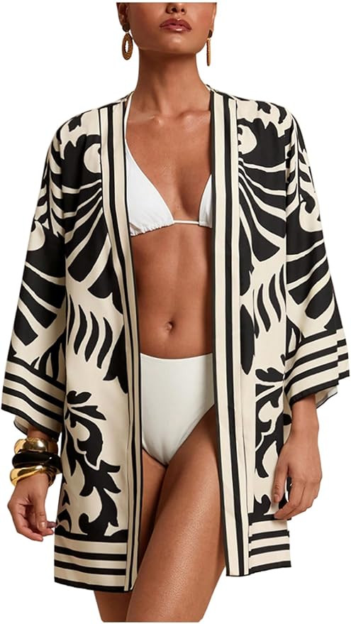 Women's Boho Beach Cover Up Graphic Kimono Open Front Long Sleeve Top Vacation Summer Outfits | Amazon (US)
