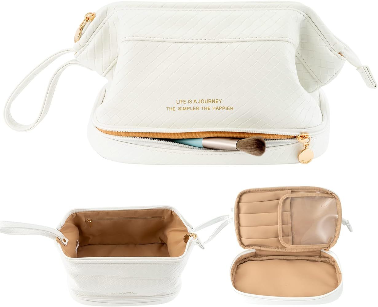 Abiudeng Large Makeup Bag,Double Layer Cosmetic Bag,Travel Makeup Bag,Leather Makeup Bag, Cosmeti... | Amazon (US)