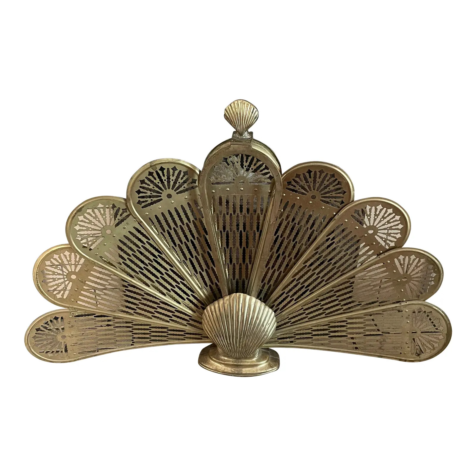 Vintage Brass Fan Fireplace Screen With Seashell Motif | Chairish