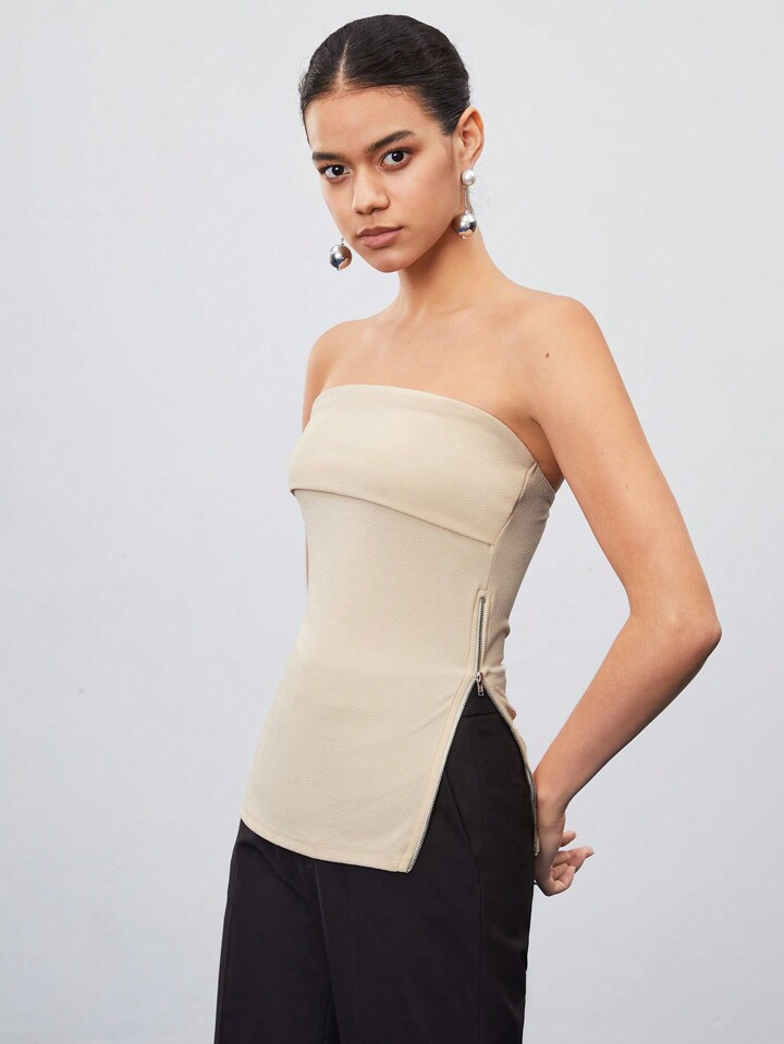 SHEIN BIZwear Top Bandeau Con Diseño De División Lateral Y Cremallera | SHEIN