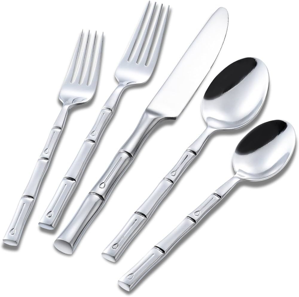 Flatasy Silverware Set Stainless Steel Flatware Set 40 Pieces Cutlery Set Bamboo Handle Mirror Fi... | Amazon (US)