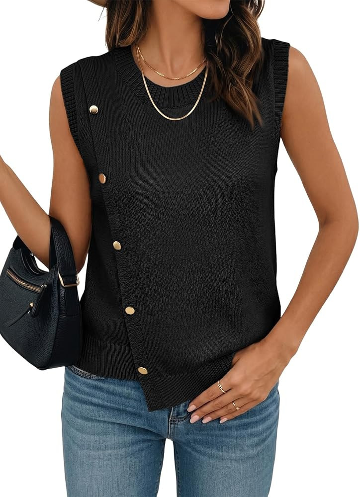 Pink Queen Women's Round Neck Knit Sweater Vest Casual Button Decoration Irregular Hem Tunic Slee... | Amazon (US)