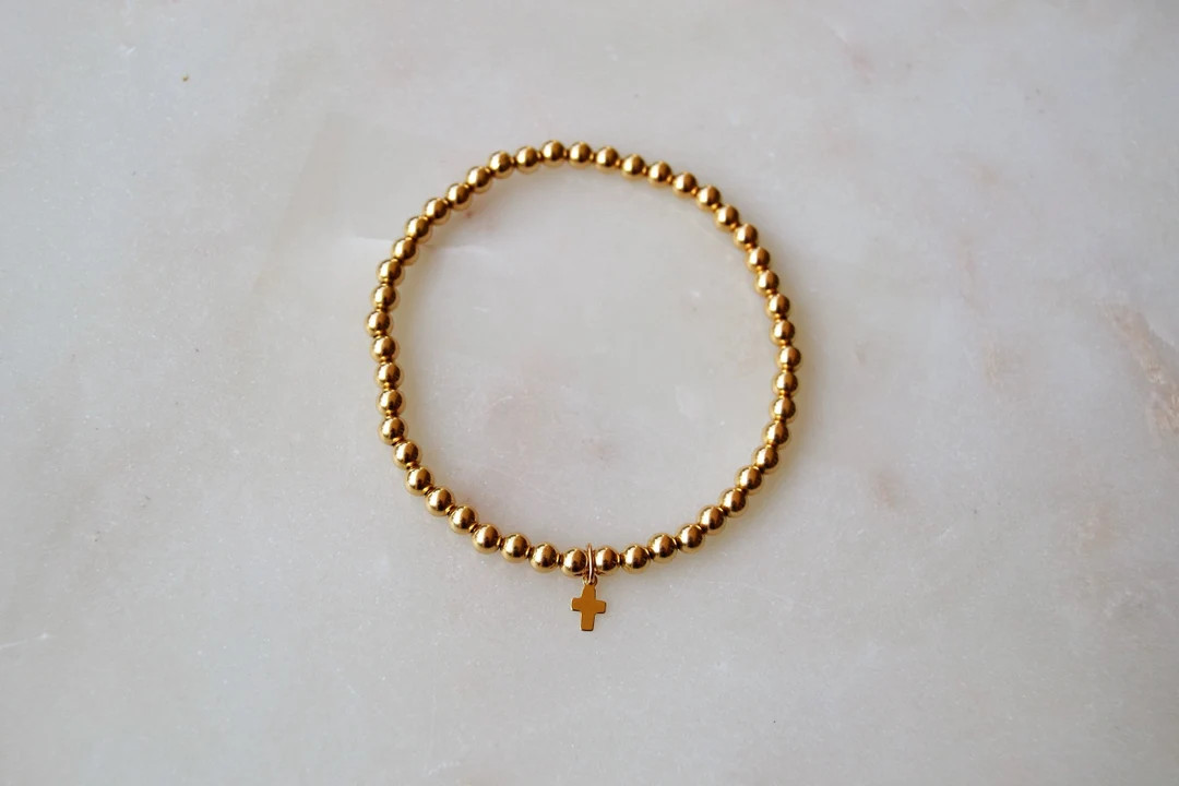 Anna 3mm 14K Gold Filled Bead Bracelet With Cross 3mm Sterling Silver Bead Bracelet With Cross Go... | Etsy (US)