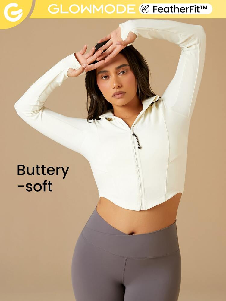 GLOWMODE FeatherFit™ Cropped Curve Hem Zip-Up Jacket | SHEIN