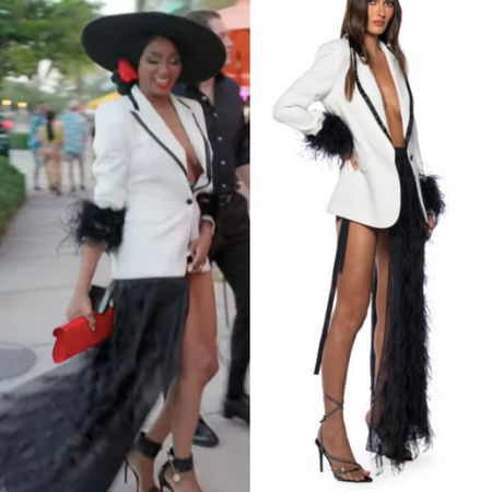 Guerdy Abraira’s Black and White Feather Trim Blazer and Tulle Half Skirt