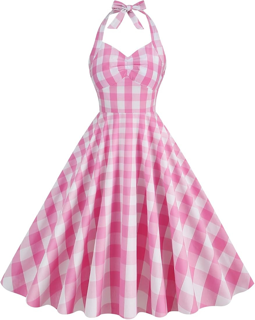50s Plaid Halter Dresses for Women Vintage Pink Rockabilly Dresses 1950 Polka Dot Swing Dresses P... | Amazon (US)