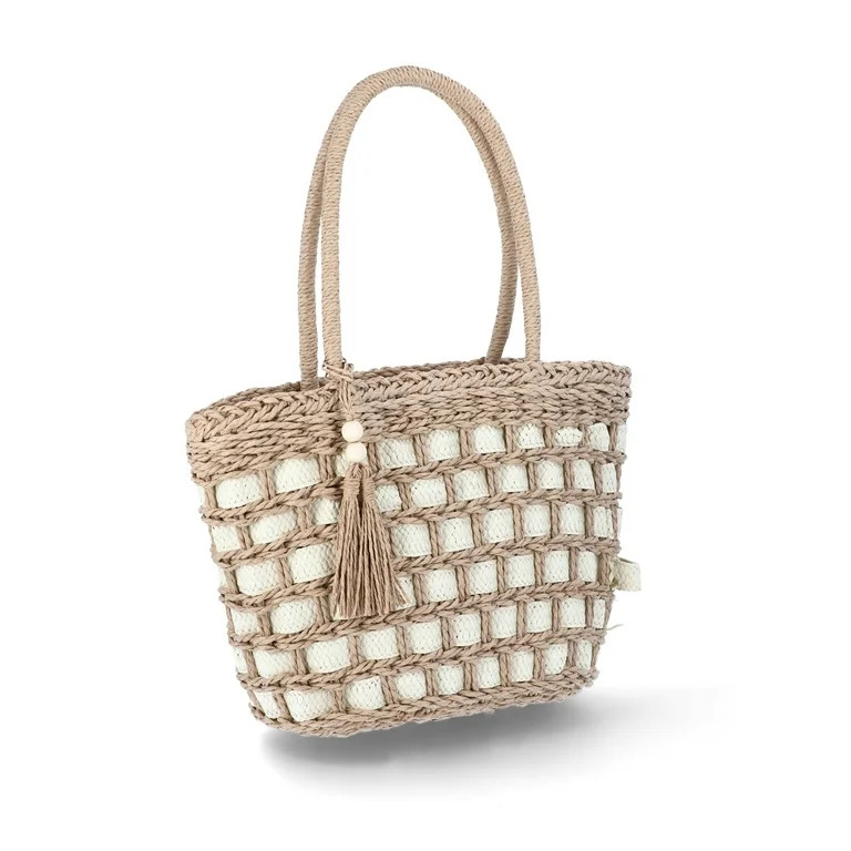 No Boundaries Festival Straw Top Handle Bag, Natural/Natural, Women’s | Walmart (US)