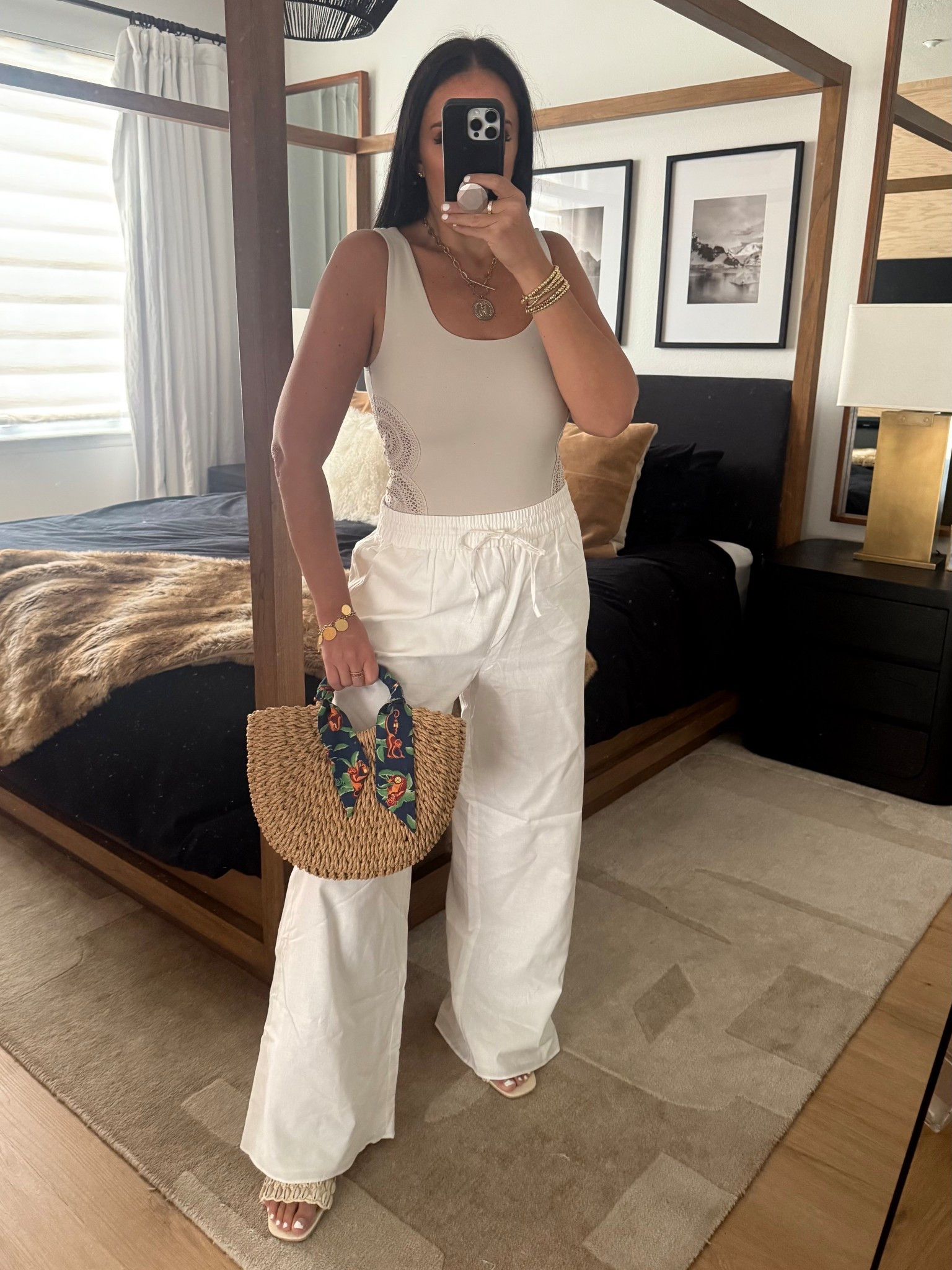 Body Contour Stretch Cotton Crochet Pieced Bodysuit. Linen-Blend High Waisted Wide Leg Pull On Pant
