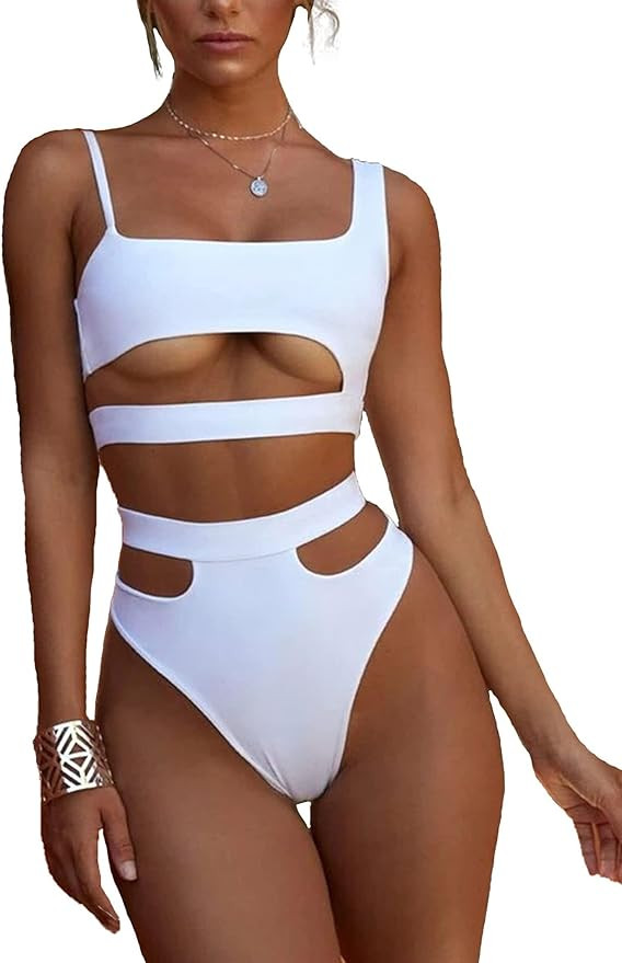 Lilosy Cutout Shoulders High Waisted Cut Leg Thong Brazilian Bikini Swimsuit Women Bathing Suit 2... | Amazon (US)