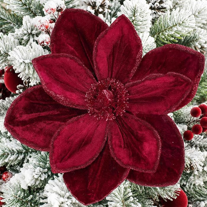 8PCS Large Christmas Flower Burgundy Ornaments Tree Decor Magnolia Flowers | Amazon (US)