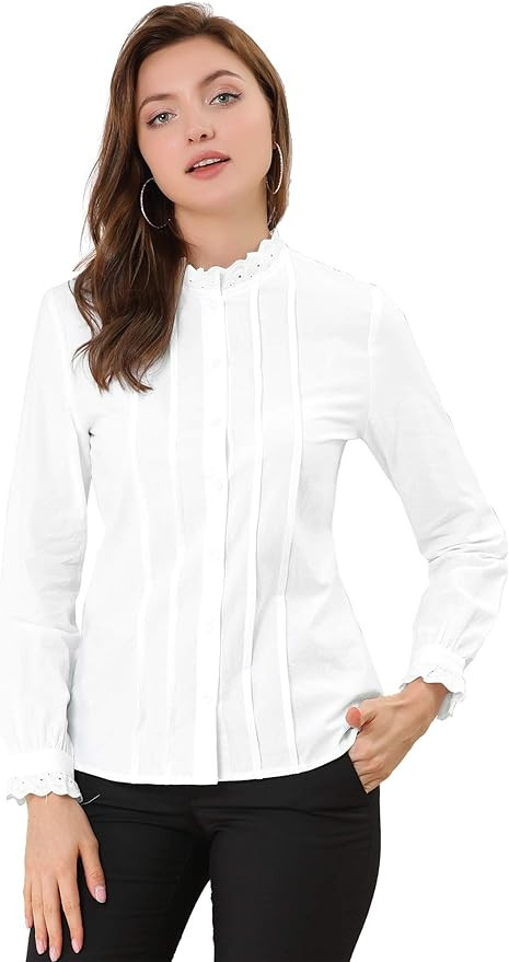 Allegra K Women's Mock Neck Blouse Ruffle Work Office Cotton Pleated Button Up Shirt | Amazon (US)