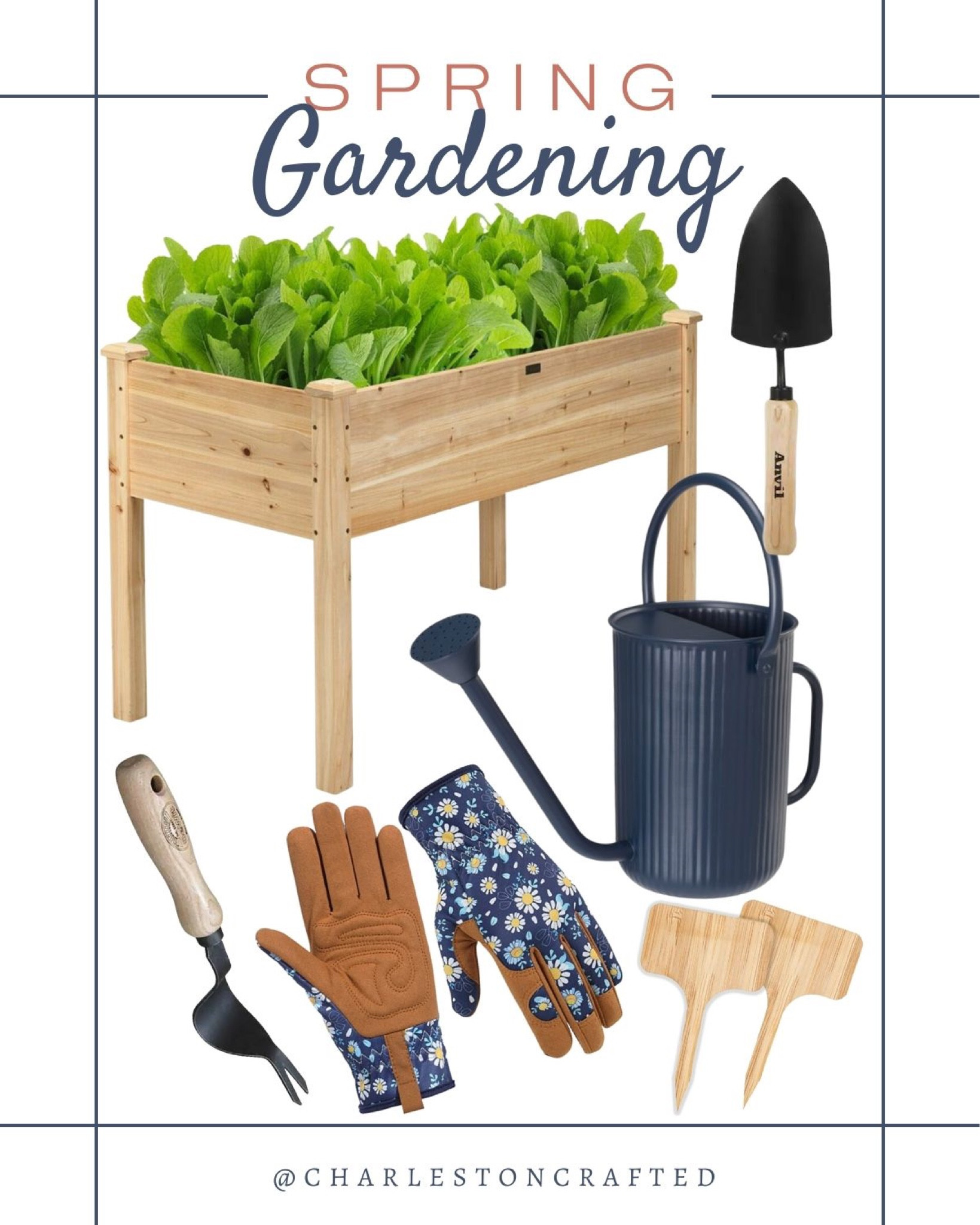 Spring gardening items include navy blue watering can, plant labels, gardening gloves, weeding tool, trowel, wooden raised garden bed. Home decor, gardening, garden essentials, gardening must haves, spring garden 

#LTKunder100 #LTKhome #LTKSeasonal