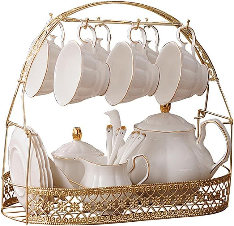 fanquare 15 Pieces Simple White English Ceramic Tea Sets,Tea Pot,Bone China Cups Without Metal Holder,Matching Spoons,Afternoon Tea Set Service Coffee Set | Amazon (US)