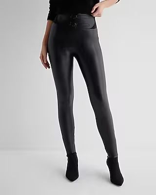 High Waisted Faux Leather Double Belted Leggings | Express