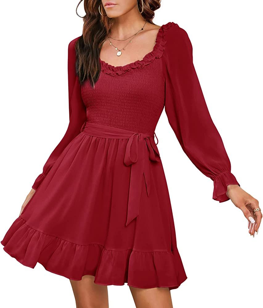 EXLURA Womens Long Puff Sleeve Short Mini Cottagecore Dress Smocked Ruffle Sweetheart Neckline Da... | Amazon (US)