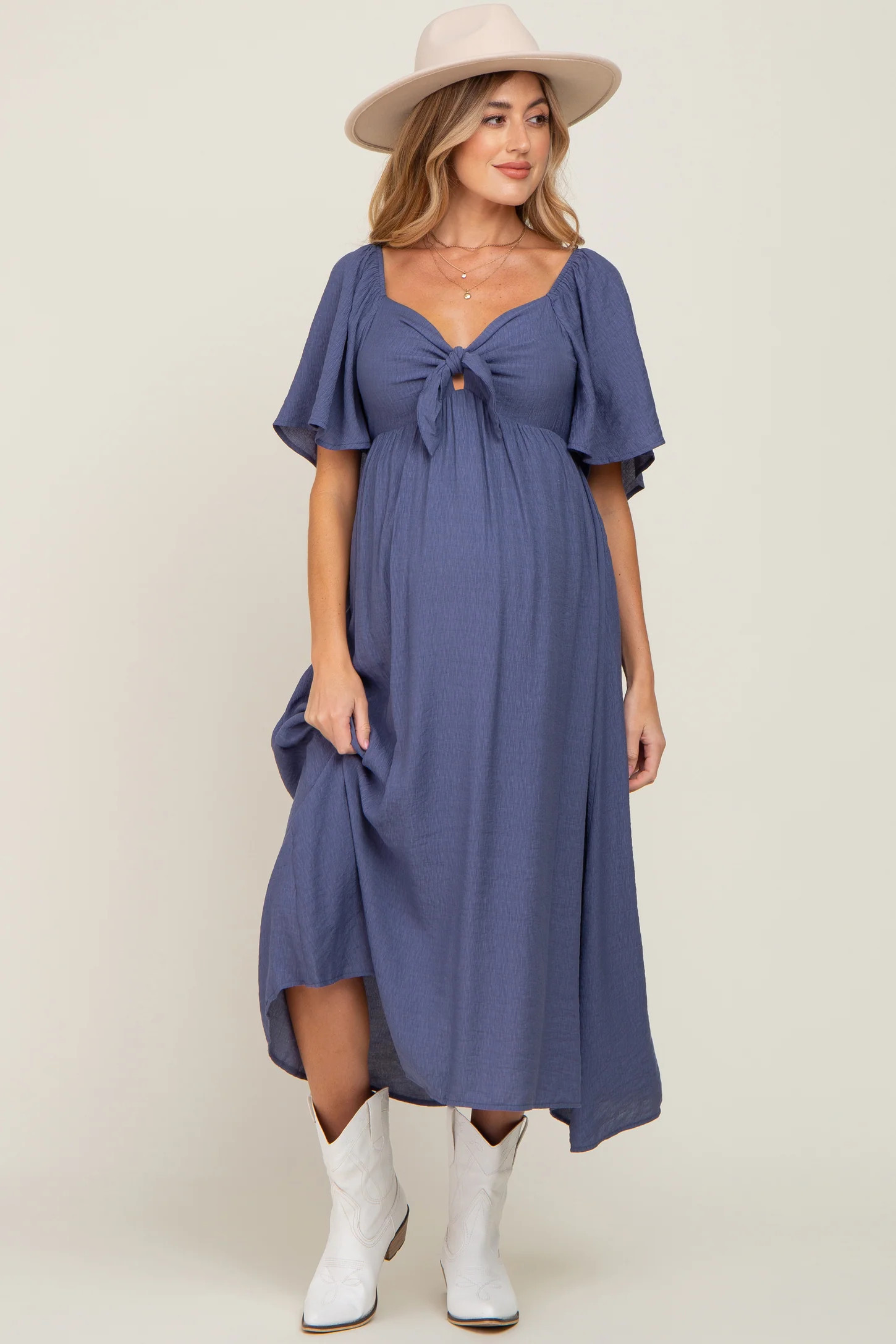 Navy Front Tie Ruffle Sleeve Maternity Midi Dress | PinkBlush Maternity