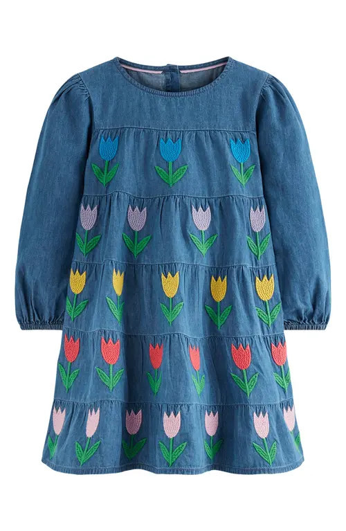 Mini Boden Kids' Tulip Embroidered Long Sleeve Denim Dress in Mid Vintage Tulips at Nordstrom, Size 6-7Y | Nordstrom