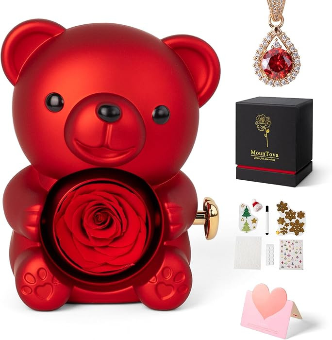 Romantic Teddy Bear with Preserved Rose - Eternal Rose Flower with Necklace, Romantic Gifts in Je... | Amazon (US)