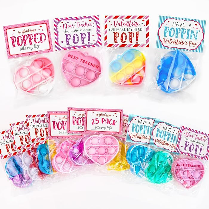 Valentines Day Gifts for Kids - Set of 25 Valentine Cards with Heart Pop Keychains - Bulk Fidget ... | Amazon (US)