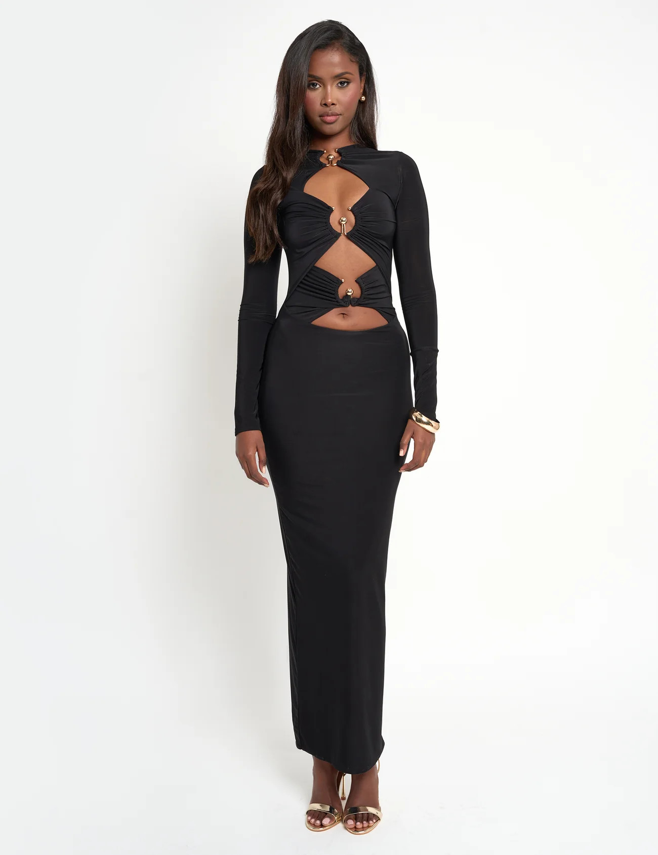 Slinky Metal Detail Long Sleeve Maxi Dress Black | Public Desire