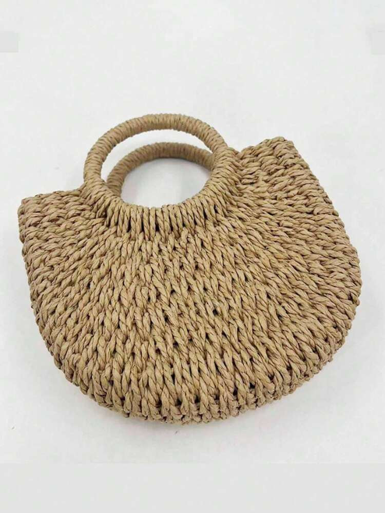 1pc Handmade Woven Bag, Retro Straw Bag, Paper Rope Bag, Half-Circle Casual Tote Bag, Beach Bag, Street Style Women Handbag, Shopping Basket Bag, Multifunctional Beach Vacation Bag | SHEIN