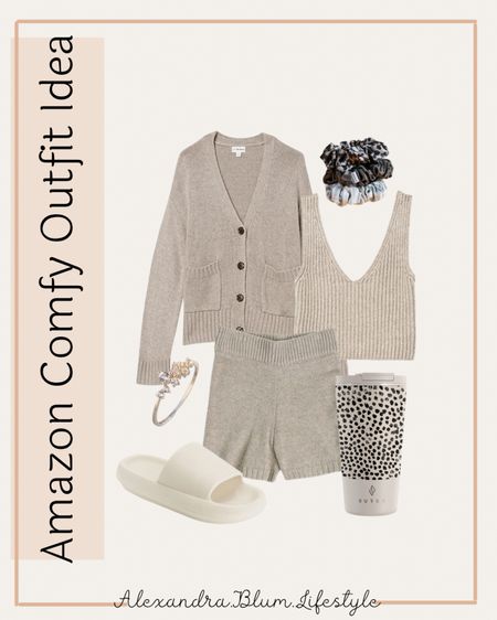 Amazon comfy outfit idea!! Matching sweater set, slide sandals, coffee tumbler Togo mug, beautiful small dainty ring, and scrunchies! Amazon fashion finds! Lounge wear outfit! More fall outfits on my page! 

#LTKunder50 #LTKSeasonal #LTKstyletip