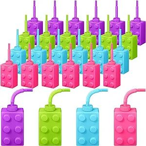 Mumufy Building Blocks Cups with Straw and Lids, 10 oz Reusable Kids Cup Brick Party Plastic Cups... | Amazon (US)