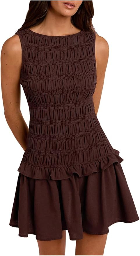 SHENHE Women's A Line Smocked Mini Dress Drop Waist Ruffle Hem Sleeveless Party Dinner Dress | Amazon (US)