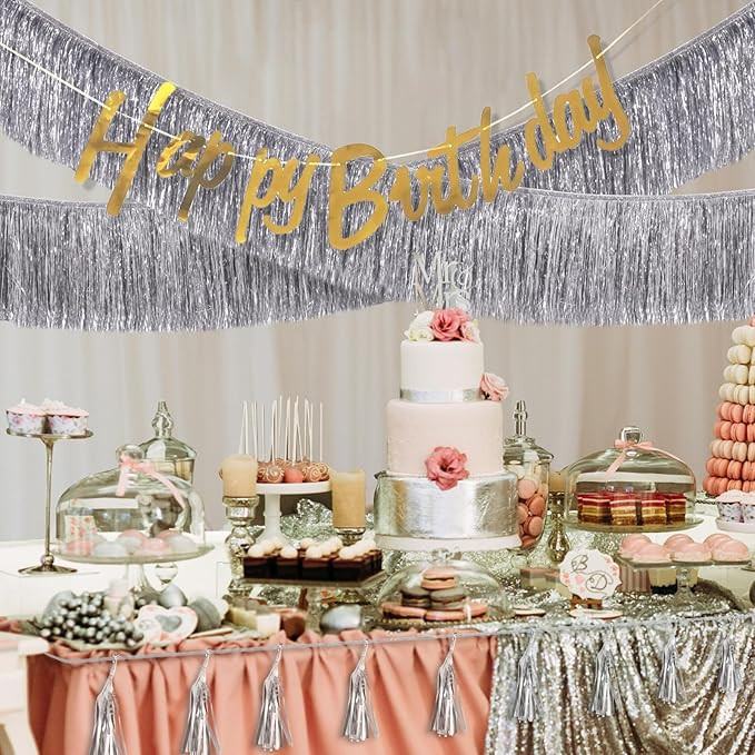 C＆B Silver Fringe Banner for Party Decorations,6 Ft Hanging Fringe Tinsel Garland,Metallic Foil... | Amazon (US)