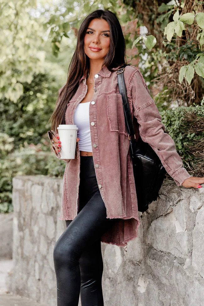 Never Know What Happens Brown Acid Washed Cord Shacket | Pink Lily