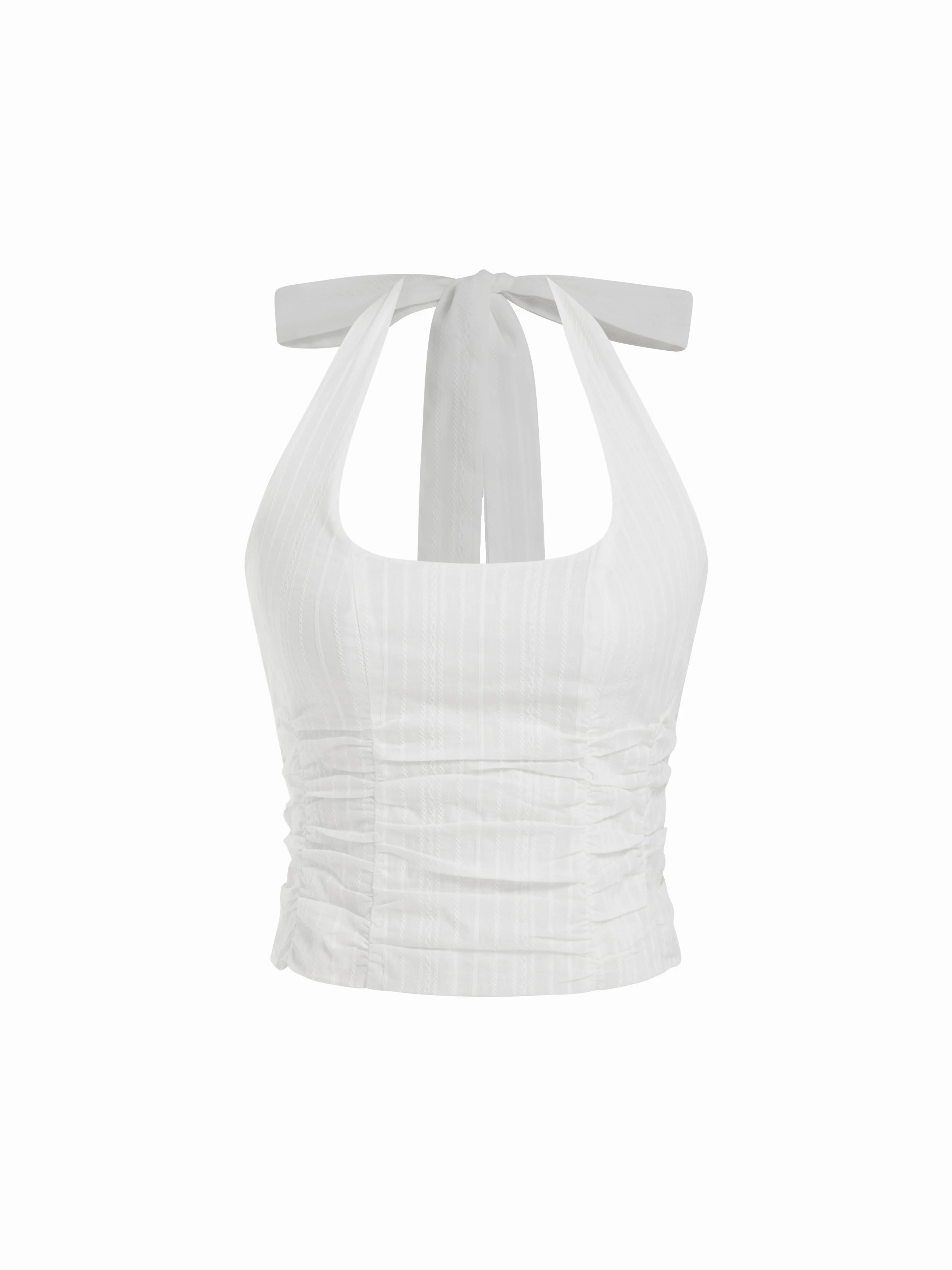 Jacquard Cotton Jacquard Halter Neckline Ruched Shirred Blouse For Daily Casual Vacation | Cider