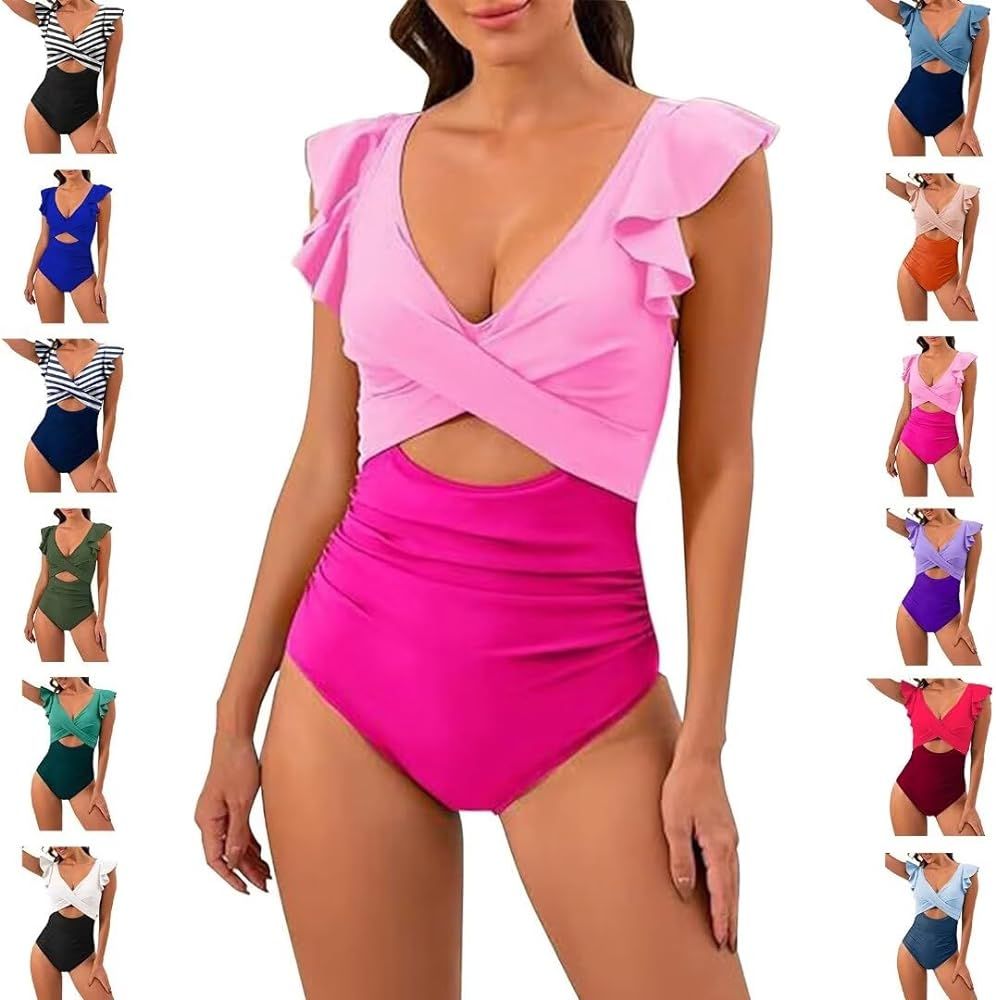 Women's Ruffled One Piece Swimsuits Tummy Control Cutout High Waisted Bathing Suit Push Up Twist ... | Amazon (US)