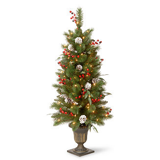 4' Frosted Pine Berry Collection Entrance Tree with Cones, Red Berries & Clear Lights in Bronze P... | Macy's