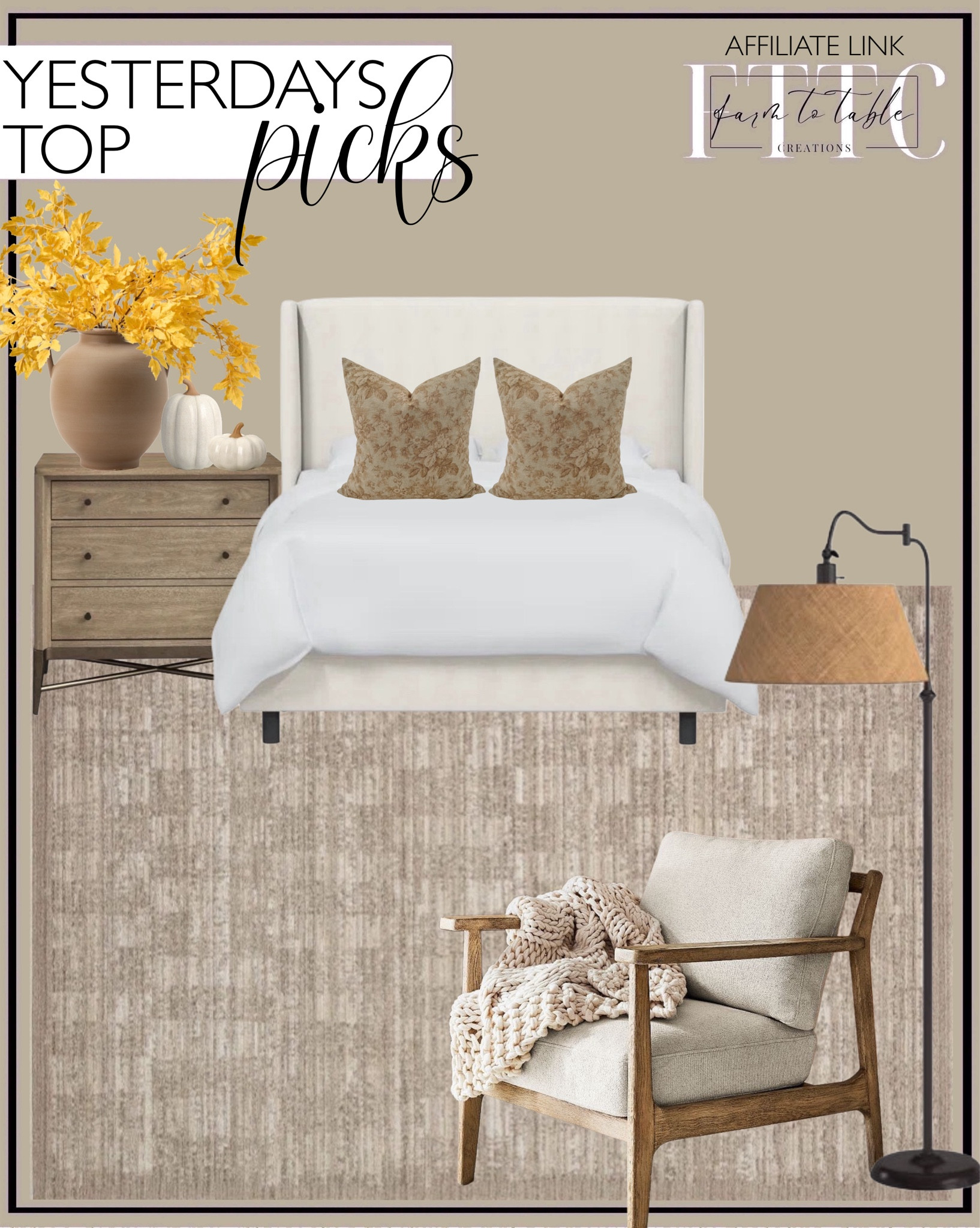 Yesterday’s Top Picks. Follow @farmtotablecreations on Instagram for more inspirational.

Tilly Upholstered Bed. Loloi Performance Sand Rug. Cody Accent Chair Pottery Barn. Theodora Swing Arm Floor Lamp. Regan Nightstand. McGee & Co. Rounded Dual Handled Vase. Golden Yellow Faux Cimicifuga Ramosa Leaf Branch Faux Fall Spray. Ceramic Pumpkin. Hackner Home Anne With An 'E' Pillow Cover. 

Bedroom corner | Coffee Table Decor | Fall Decor | Fall Stem Sale | Target Finds | Skinny Bench | Bedroom | Living Room | Breakfast Nook | Amazon Home | Target Sale | Loloi Rugs | Magnolia Home | console table | console table styling | faux stems | entryway space | home decor finds | neutral decor | entryway decor | cozy home | affordable decor |  home decor | home inspiration | spring stems | spring console | spring vignette | spring decor | spring decorations | console styling | entryway rug | cozy moody home | moody decor | neutral home

#LTKHome #LTKSaleAlert #LTKFindsUnder50