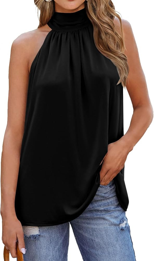 BTFBM 2024 Women Summer Sleeveless Tie Mock Neck Halter Tops Casual Bow Loose Tank Top Lightweigh... | Amazon (US)