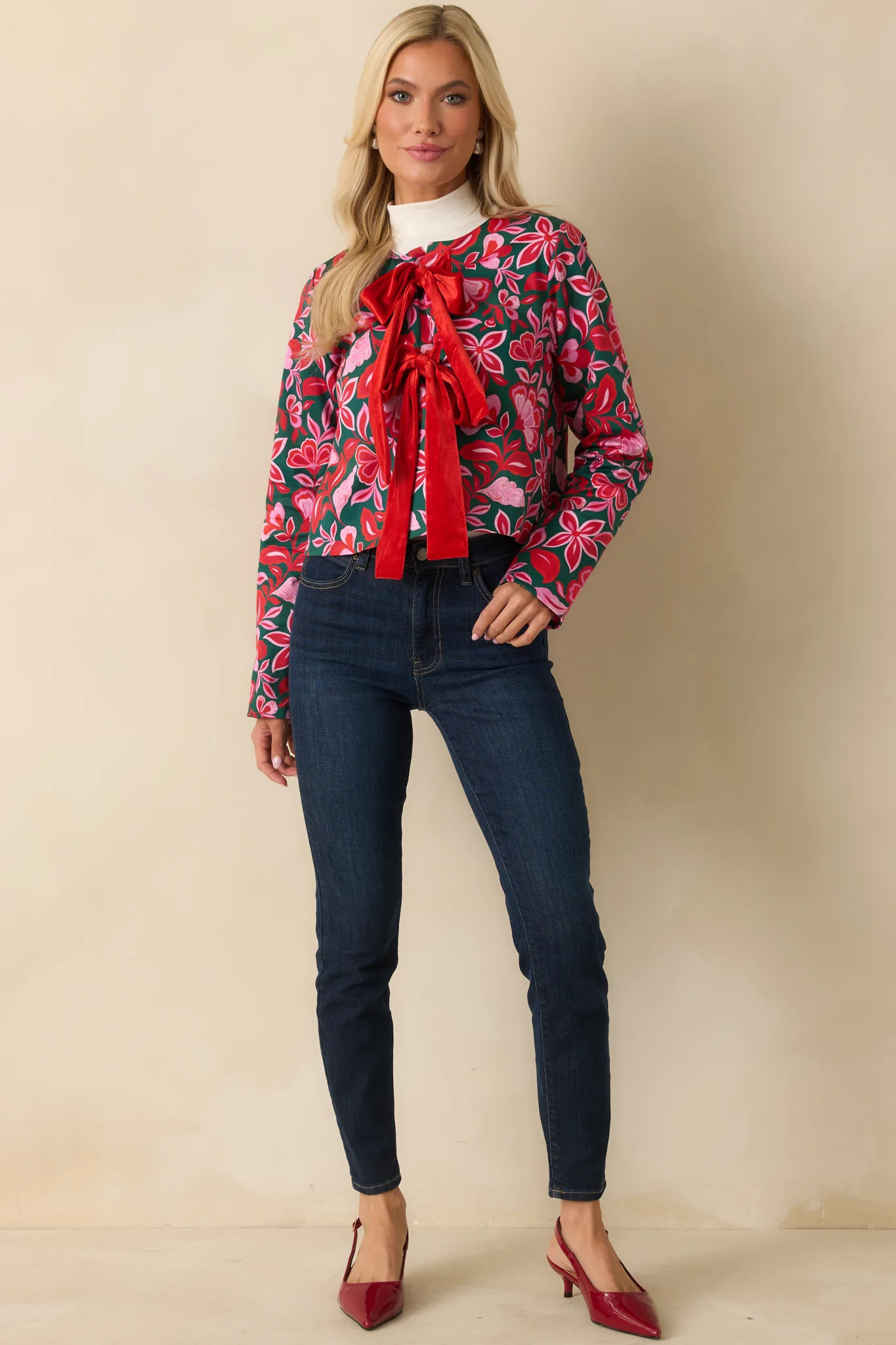 Prosperina Gala Green & Pink Cotton Floral Print Bow Jacket | Red Dress