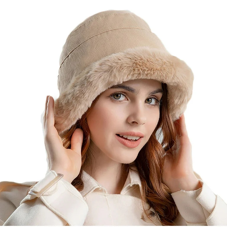 Women Winter Faux Furry Bucket Hat Fluffy Fuzzy Plush Fisherman Hat Thick Warm Windproof Shearlin... | Walmart (US)