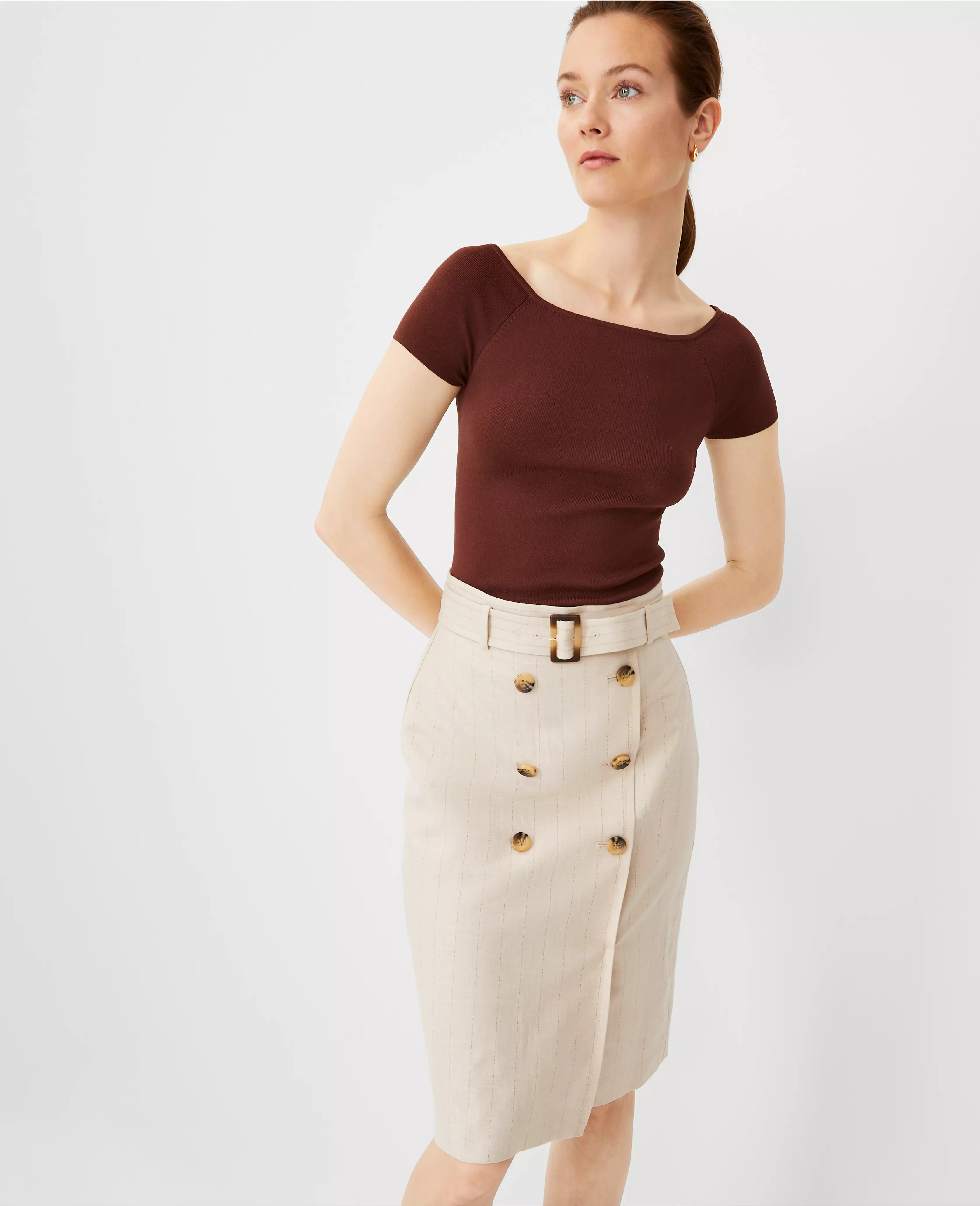 Pinstripe Belted Button Wrap Pencil Skirt | Ann Taylor (US)