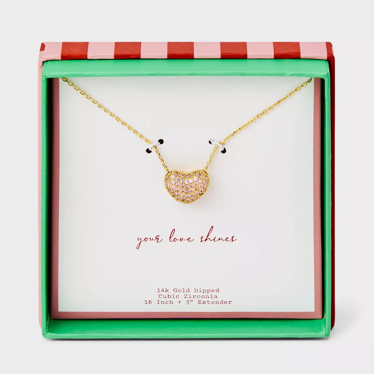 14K Gold Dipped Cubic Zirconia Puffy Heart Pendant Necklace - A New Day™ Gold/Pink | Target
