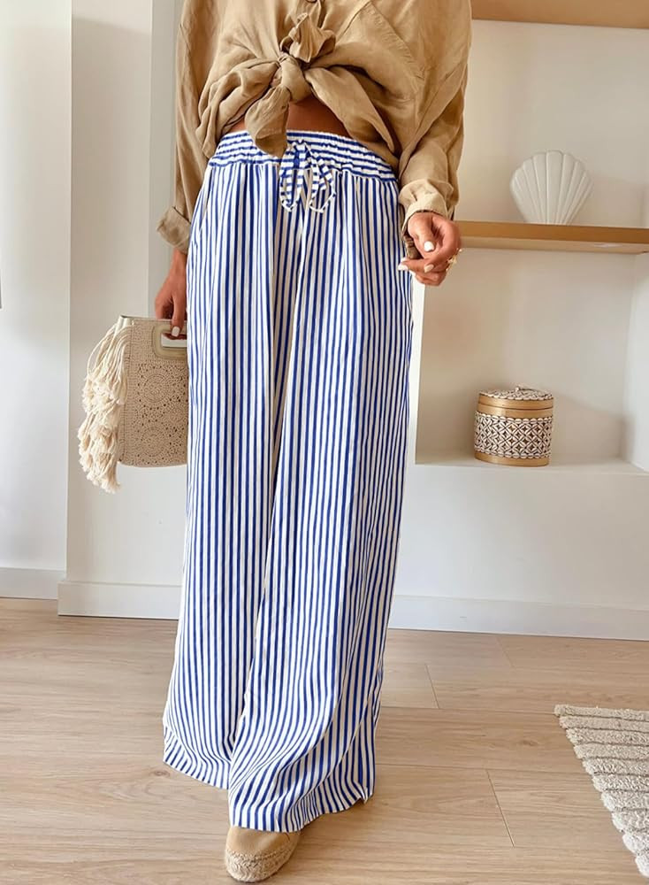 Acelitt Women Casual Drawstring Elastic Waist Striped Wide Leg Pants with Pockets, S-XXL | Amazon (US)
