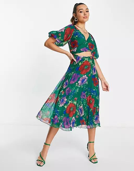 ASOS DESIGN wrap around pleated midi dress in green floral print | ASOS (Global)