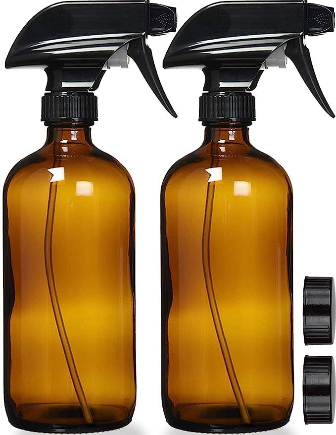 Empty Amber Glass Spray Bottles with Labels (2 Pack) - 16oz Refillable Container for Essential Oi... | Amazon (US)