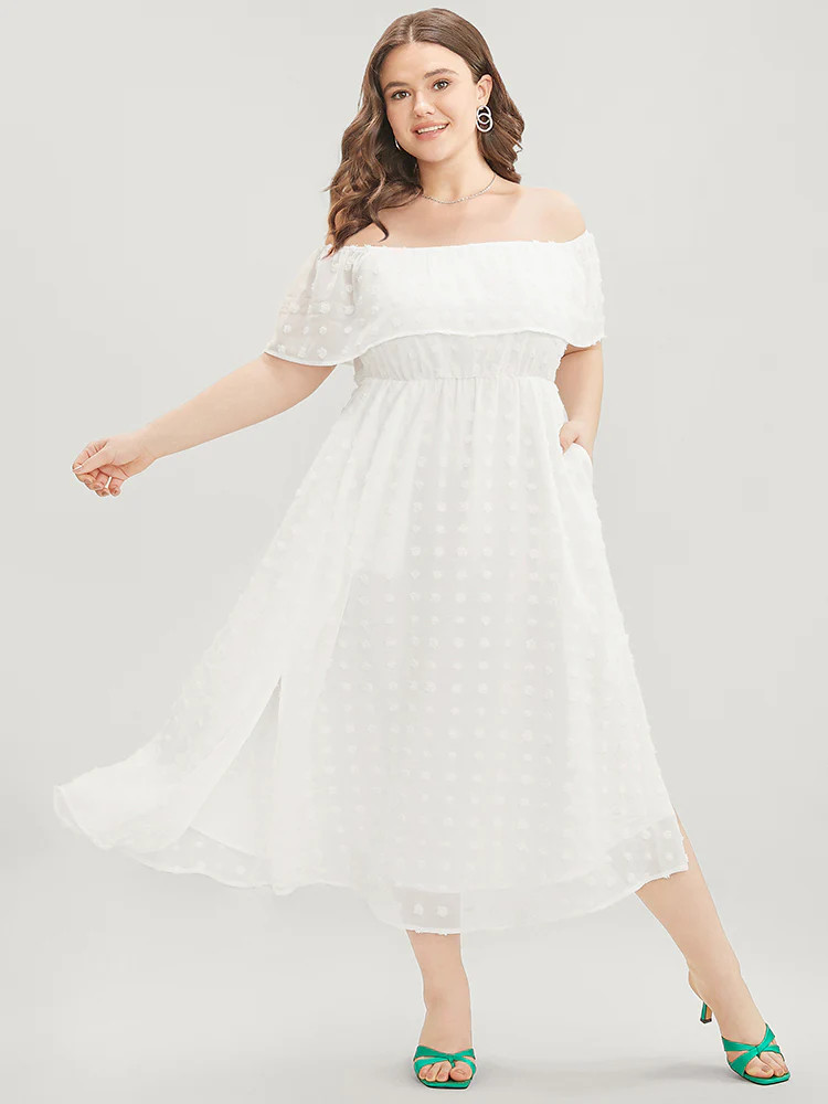 Polka Dot Off Shoulder Mesh Pocket Split Hem Dress | Bloomchic
