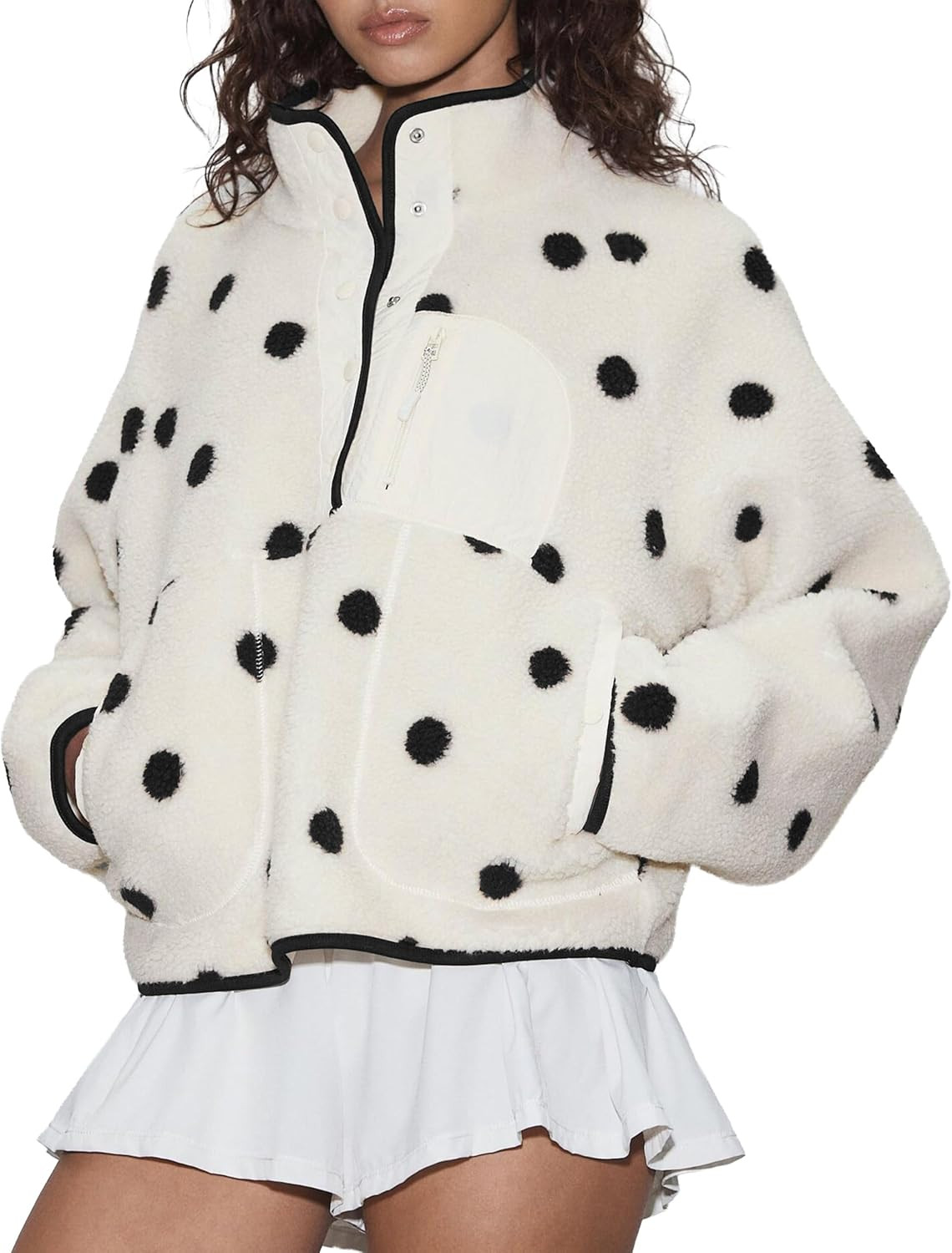 Womens Polka Dot Sherpa Fleece Pullover Jacket Fuzzy Sweatshirts | Amazon (US)