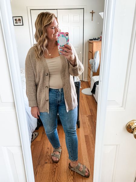 Comfy cardigan outfit for a cool spring day! 

Jeans 
Birkenstocks
Casual midsize outfit 

#LTKstyletip #LTKfindsunder50 #LTKmidsize