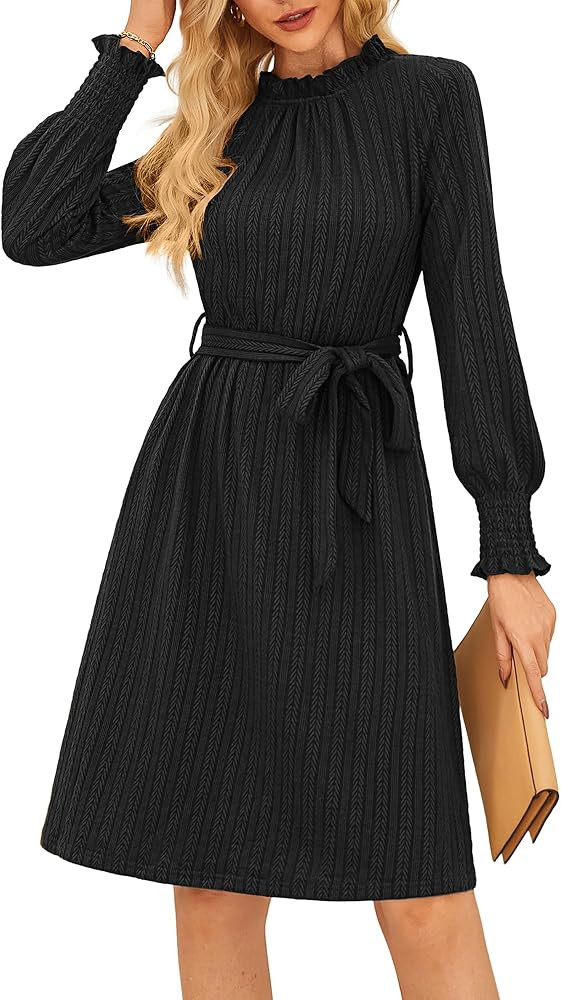 GRACE KARIN Fall Dresses for Women 2025 Casual Long Sleeve Crew Neck Ribbed Belted Dresses with P... | Amazon (US)