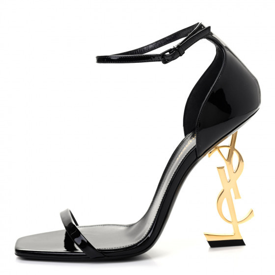 SAINT LAURENT Patent Calfskin Opyum 110 Sandals 38.5 Black Gold | Fashionphile
